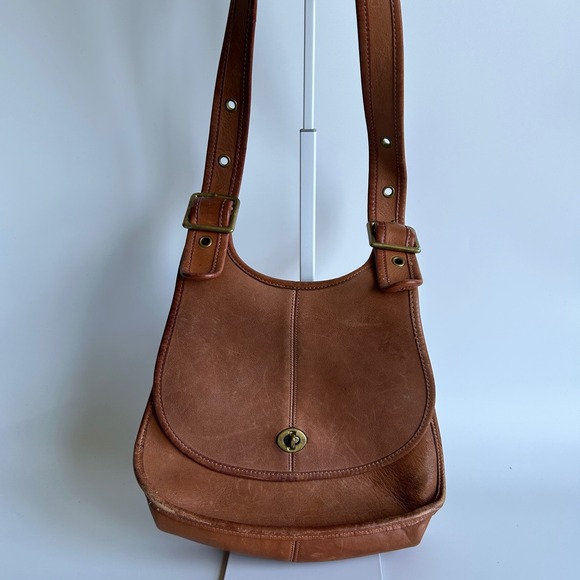 Coach Handbags - Coach‎ Crescent Saddle 9235 British Tan Leather Shoulder Bag Good